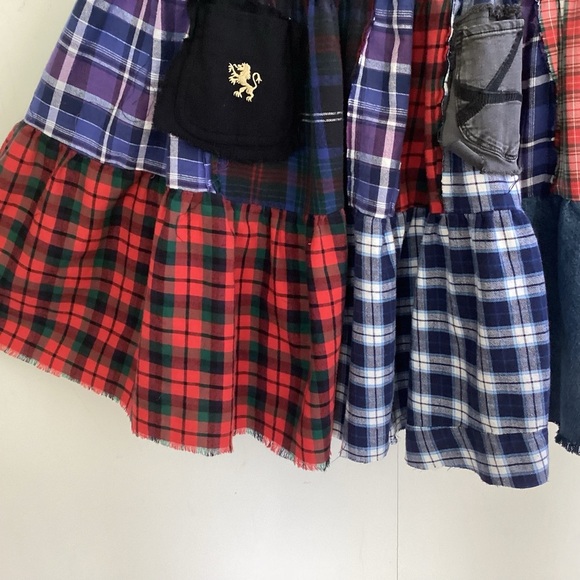 Boho tiered plaid flannel patchwork attached to Levi jean upcycled maxi skirt M - Picture 10 of 14